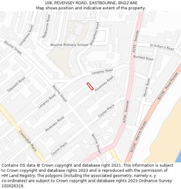 108, PEVENSEY ROAD, EASTBOURNE, BN22 8AE: Location map and indicative extent of plot