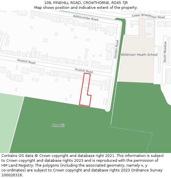 108, PINEHILL ROAD, CROWTHORNE, RG45 7JR: Location map and indicative extent of plot