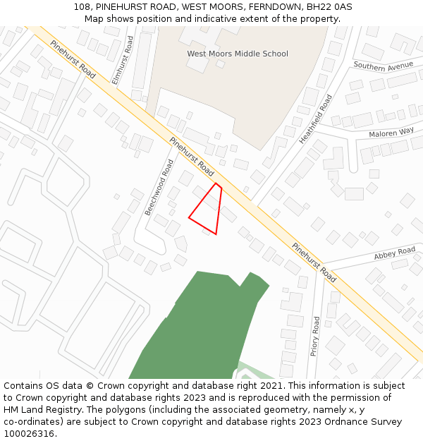 108, PINEHURST ROAD, WEST MOORS, FERNDOWN, BH22 0AS: Location map and indicative extent of plot