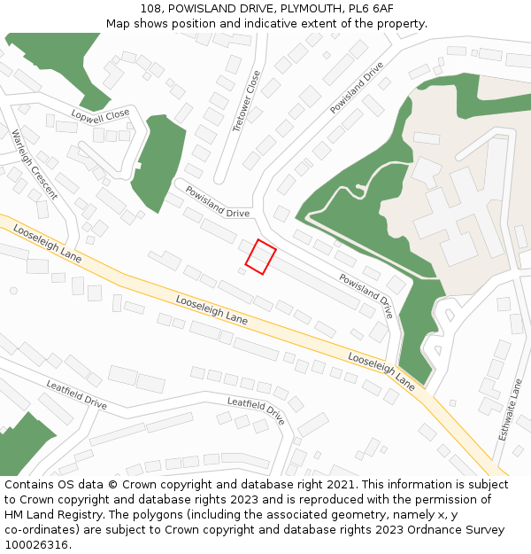 108, POWISLAND DRIVE, PLYMOUTH, PL6 6AF: Location map and indicative extent of plot