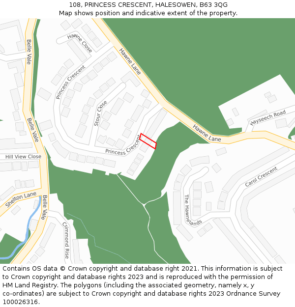 108, PRINCESS CRESCENT, HALESOWEN, B63 3QG: Location map and indicative extent of plot
