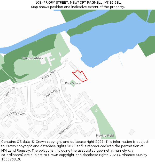 108, PRIORY STREET, NEWPORT PAGNELL, MK16 9BL: Location map and indicative extent of plot