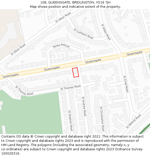 108, QUEENSGATE, BRIDLINGTON, YO16 7JH: Location map and indicative extent of plot