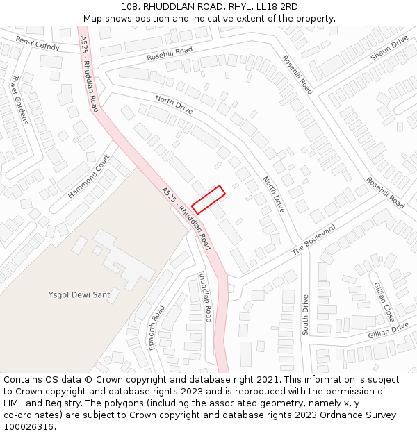 108, RHUDDLAN ROAD, RHYL, LL18 2RD: Location map and indicative extent of plot