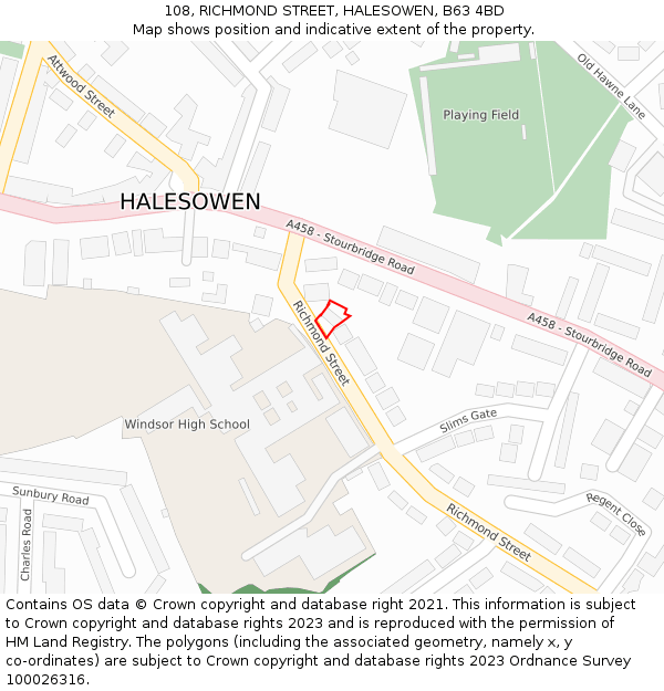 108, RICHMOND STREET, HALESOWEN, B63 4BD: Location map and indicative extent of plot