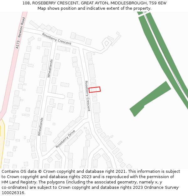108, ROSEBERRY CRESCENT, GREAT AYTON, MIDDLESBROUGH, TS9 6EW: Location map and indicative extent of plot