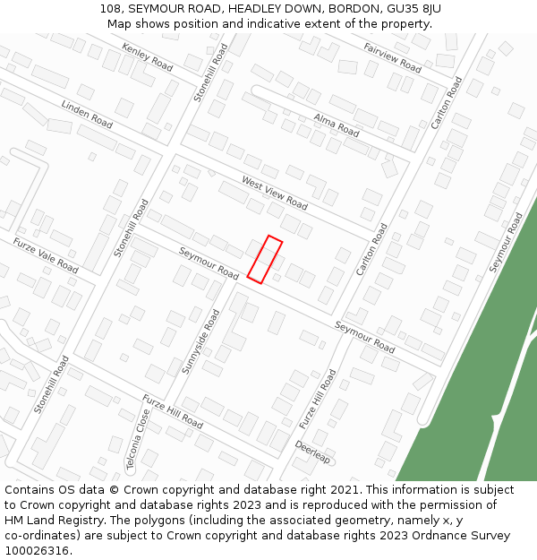108, SEYMOUR ROAD, HEADLEY DOWN, BORDON, GU35 8JU: Location map and indicative extent of plot