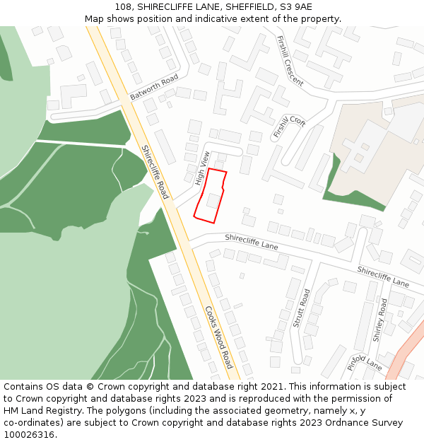 108, SHIRECLIFFE LANE, SHEFFIELD, S3 9AE: Location map and indicative extent of plot