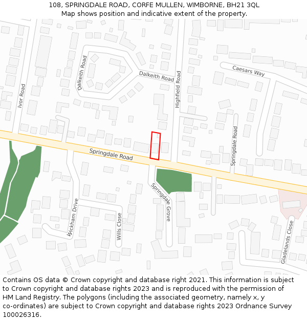 108, SPRINGDALE ROAD, CORFE MULLEN, WIMBORNE, BH21 3QL: Location map and indicative extent of plot