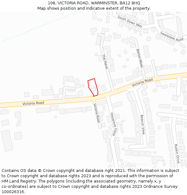 108, VICTORIA ROAD, WARMINSTER, BA12 8HQ: Location map and indicative extent of plot