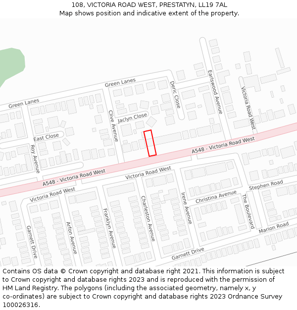108, VICTORIA ROAD WEST, PRESTATYN, LL19 7AL: Location map and indicative extent of plot