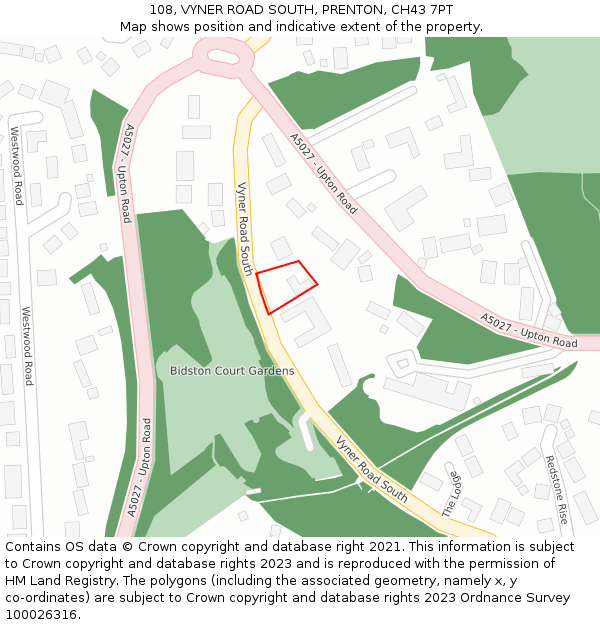 108, VYNER ROAD SOUTH, PRENTON, CH43 7PT: Location map and indicative extent of plot