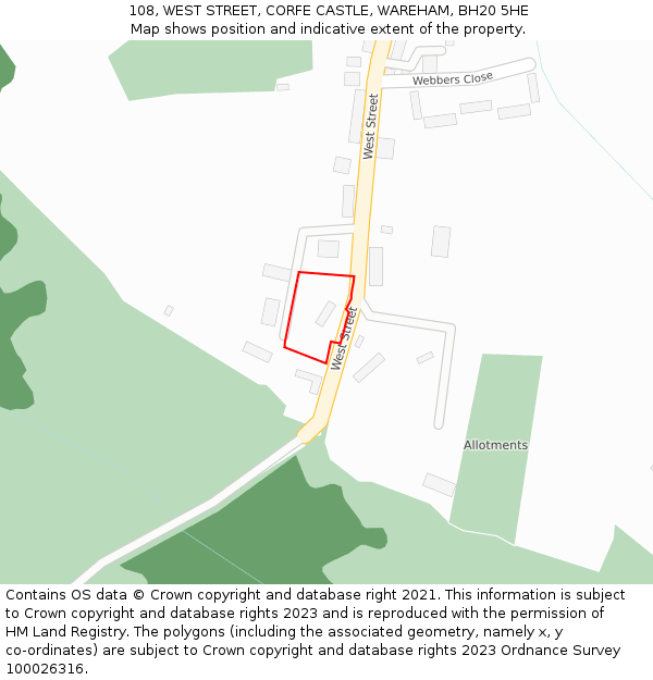 108, WEST STREET, CORFE CASTLE, WAREHAM, BH20 5HE: Location map and indicative extent of plot