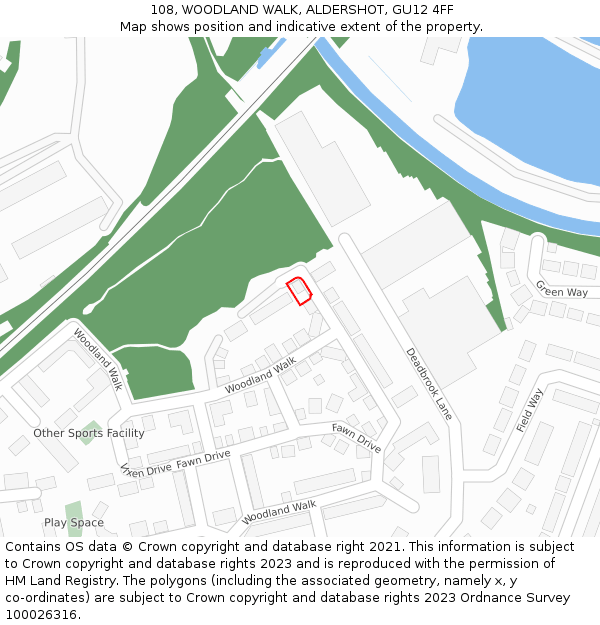 108, WOODLAND WALK, ALDERSHOT, GU12 4FF: Location map and indicative extent of plot