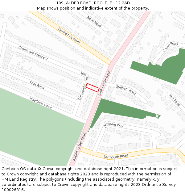 109, ALDER ROAD, POOLE, BH12 2AD: Location map and indicative extent of plot