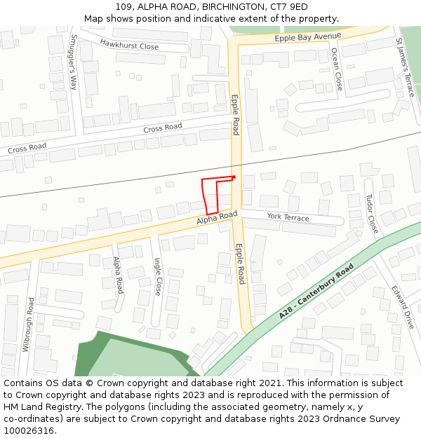 109, ALPHA ROAD, BIRCHINGTON, CT7 9ED: Location map and indicative extent of plot