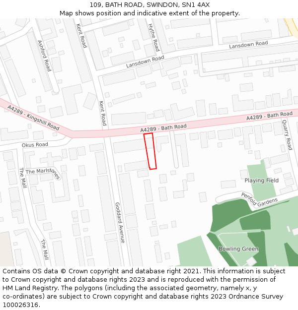 109, BATH ROAD, SWINDON, SN1 4AX: Location map and indicative extent of plot