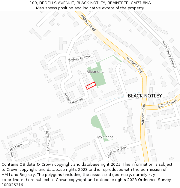 109, BEDELLS AVENUE, BLACK NOTLEY, BRAINTREE, CM77 8NA: Location map and indicative extent of plot