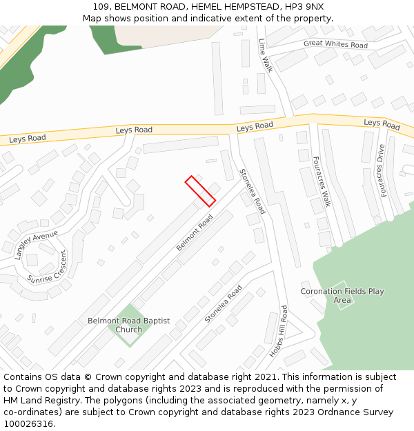 109, BELMONT ROAD, HEMEL HEMPSTEAD, HP3 9NX: Location map and indicative extent of plot