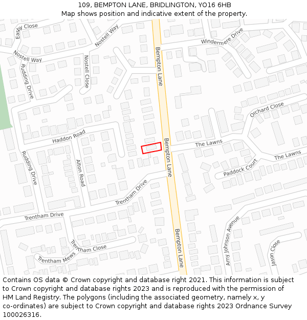 109, BEMPTON LANE, BRIDLINGTON, YO16 6HB: Location map and indicative extent of plot