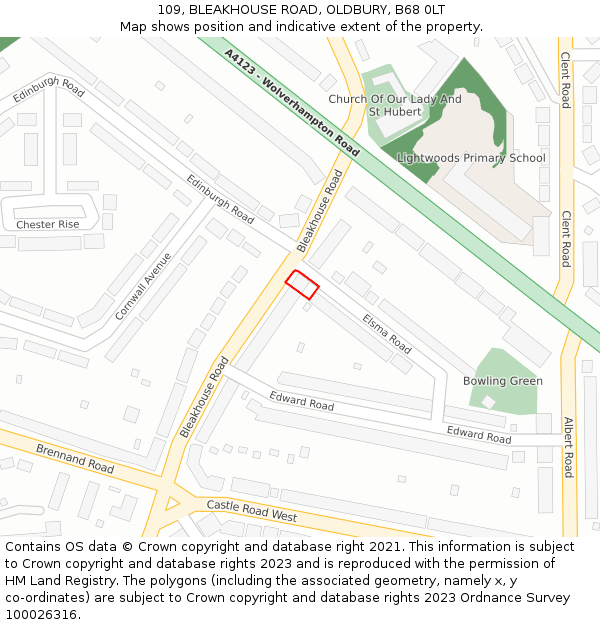 109, BLEAKHOUSE ROAD, OLDBURY, B68 0LT: Location map and indicative extent of plot