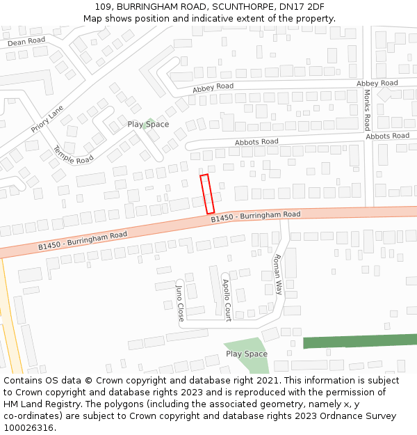 109, BURRINGHAM ROAD, SCUNTHORPE, DN17 2DF: Location map and indicative extent of plot