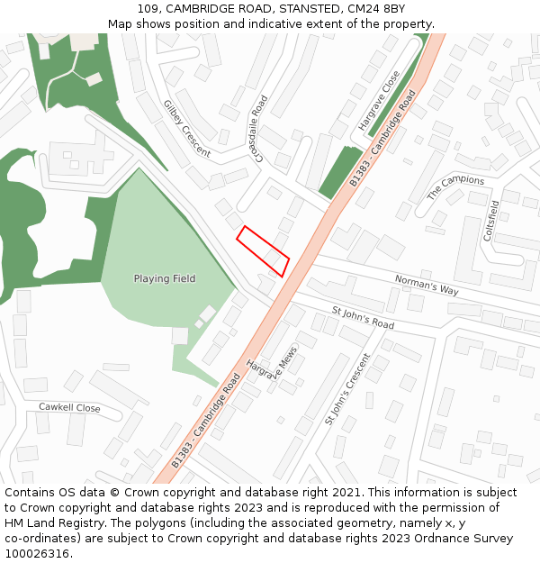 109, CAMBRIDGE ROAD, STANSTED, CM24 8BY: Location map and indicative extent of plot