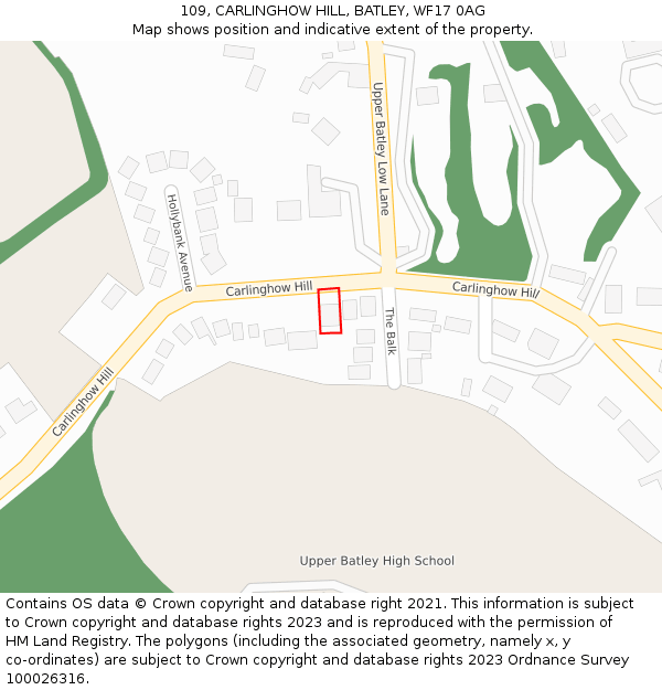 109, CARLINGHOW HILL, BATLEY, WF17 0AG: Location map and indicative extent of plot