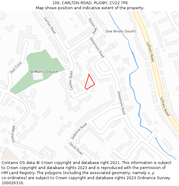 109, CARLTON ROAD, RUGBY, CV22 7PE: Location map and indicative extent of plot