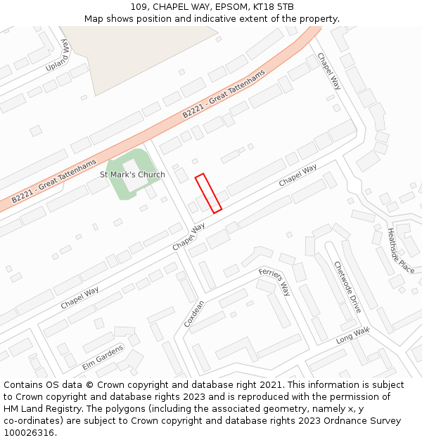 109, CHAPEL WAY, EPSOM, KT18 5TB: Location map and indicative extent of plot