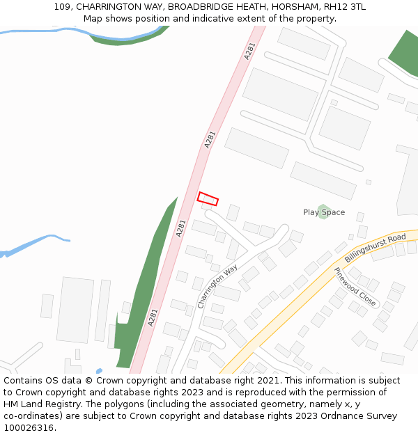 109, CHARRINGTON WAY, BROADBRIDGE HEATH, HORSHAM, RH12 3TL: Location map and indicative extent of plot