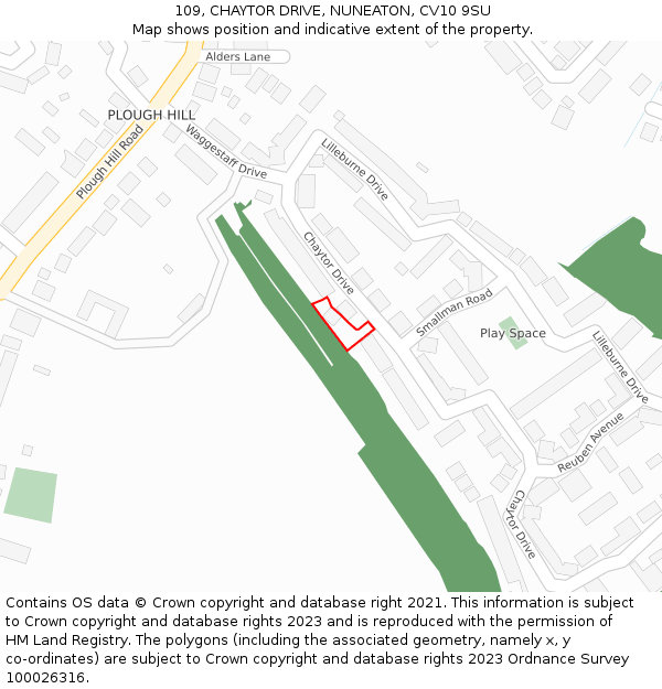 109, CHAYTOR DRIVE, NUNEATON, CV10 9SU: Location map and indicative extent of plot