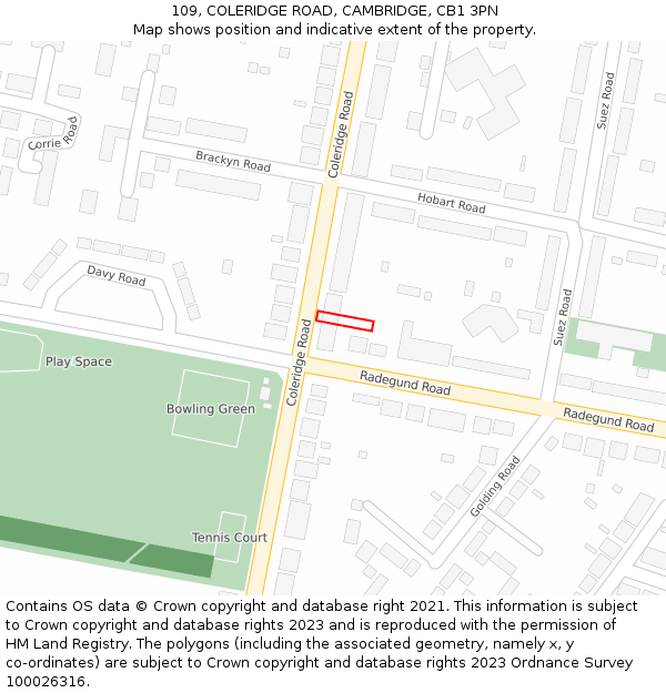 109, COLERIDGE ROAD, CAMBRIDGE, CB1 3PN: Location map and indicative extent of plot