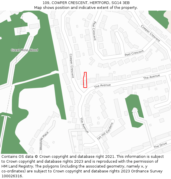 109, COWPER CRESCENT, HERTFORD, SG14 3EB: Location map and indicative extent of plot