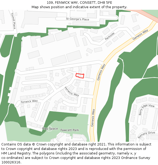 109, FENWICK WAY, CONSETT, DH8 5FE: Location map and indicative extent of plot