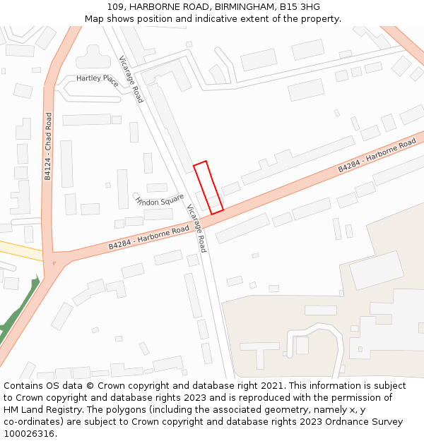 109, HARBORNE ROAD, BIRMINGHAM, B15 3HG: Location map and indicative extent of plot