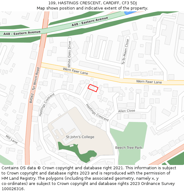 109, HASTINGS CRESCENT, CARDIFF, CF3 5DJ: Location map and indicative extent of plot