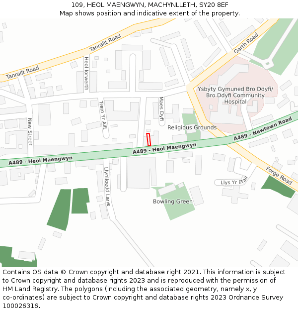 109, HEOL MAENGWYN, MACHYNLLETH, SY20 8EF: Location map and indicative extent of plot