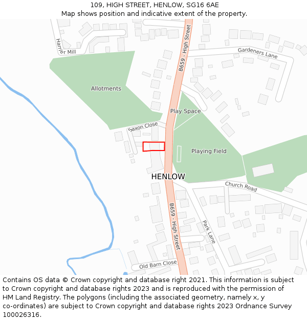 109, HIGH STREET, HENLOW, SG16 6AE: Location map and indicative extent of plot