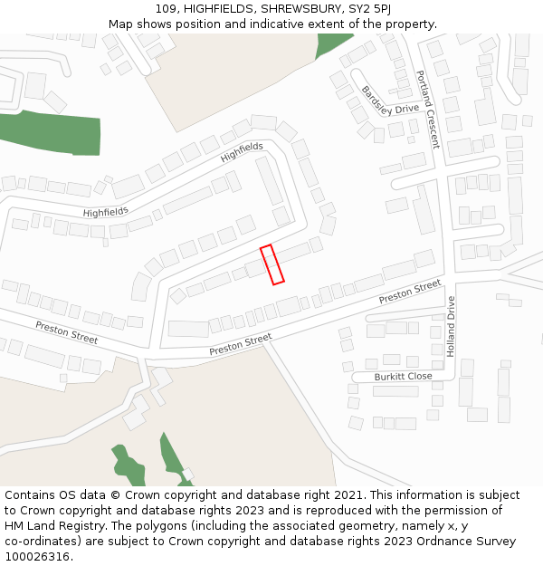 109, HIGHFIELDS, SHREWSBURY, SY2 5PJ: Location map and indicative extent of plot