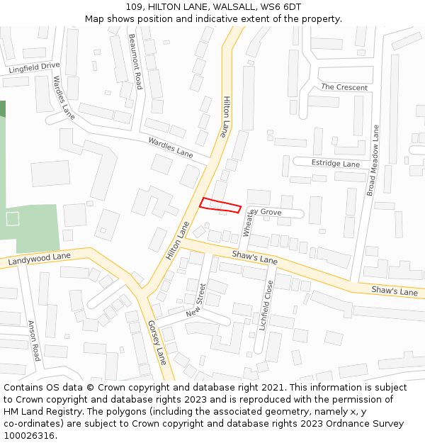 109, HILTON LANE, WALSALL, WS6 6DT: Location map and indicative extent of plot