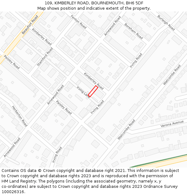 109, KIMBERLEY ROAD, BOURNEMOUTH, BH6 5DF: Location map and indicative extent of plot