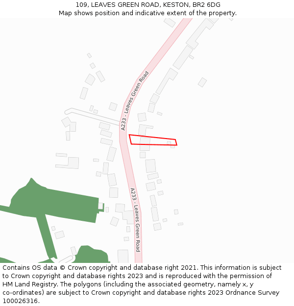 109, LEAVES GREEN ROAD, KESTON, BR2 6DG: Location map and indicative extent of plot