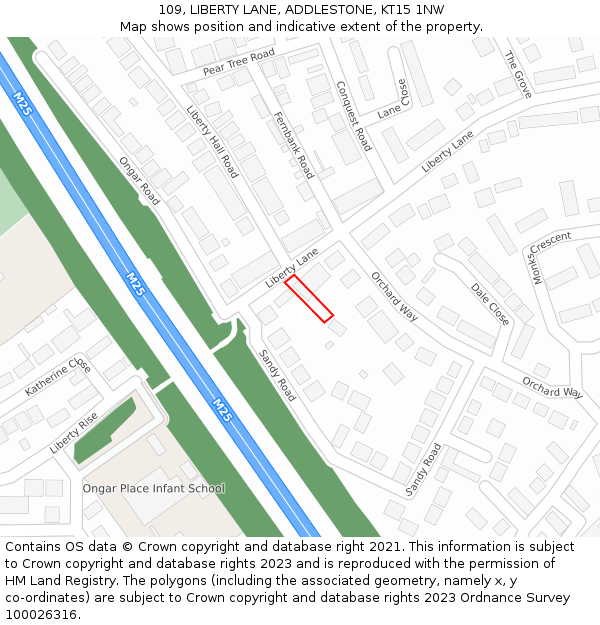 109, LIBERTY LANE, ADDLESTONE, KT15 1NW: Location map and indicative extent of plot