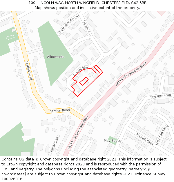 109, LINCOLN WAY, NORTH WINGFIELD, CHESTERFIELD, S42 5RR: Location map and indicative extent of plot