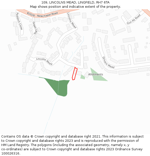 109, LINCOLNS MEAD, LINGFIELD, RH7 6TA: Location map and indicative extent of plot