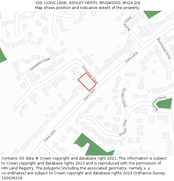 109, LIONS LANE, ASHLEY HEATH, RINGWOOD, BH24 2HJ: Location map and indicative extent of plot