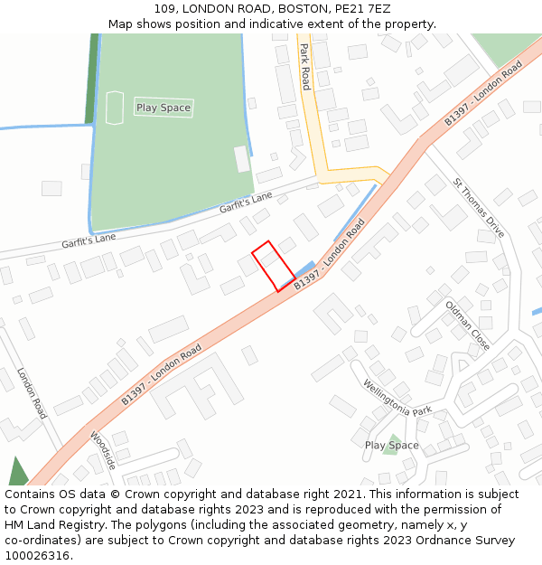 109, LONDON ROAD, BOSTON, PE21 7EZ: Location map and indicative extent of plot