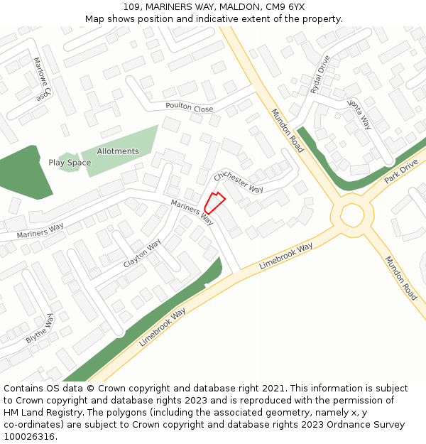 109, MARINERS WAY, MALDON, CM9 6YX: Location map and indicative extent of plot