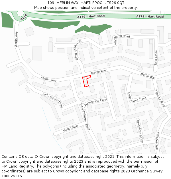 109, MERLIN WAY, HARTLEPOOL, TS26 0QT: Location map and indicative extent of plot